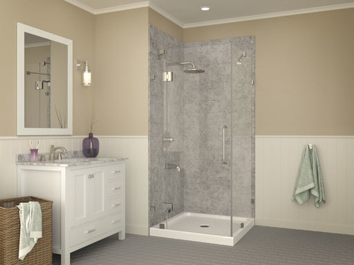ANZZI SB-AZ010WN Corner Shower Base installed in a bathroom with glass enclosure