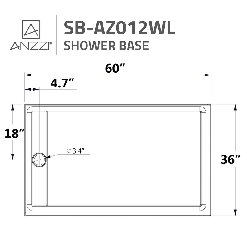 ANZZI SB-AZ012WL Corner Shower Base dimension drawing with measurements