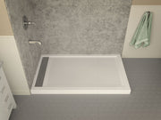 ANZZI SB-AZ012WL Corner Shower Base installed base close view, left trench drain