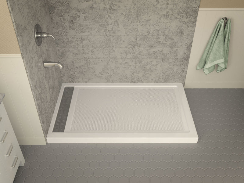 ANZZI SB-AZ012WL Corner Shower Base installed base close view, left trench drain