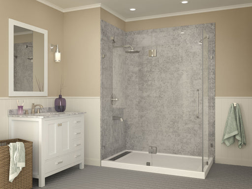 ANZZI SB-AZ012WL Corner Shower Base installed in a bathroom with glass enclosure, left drain