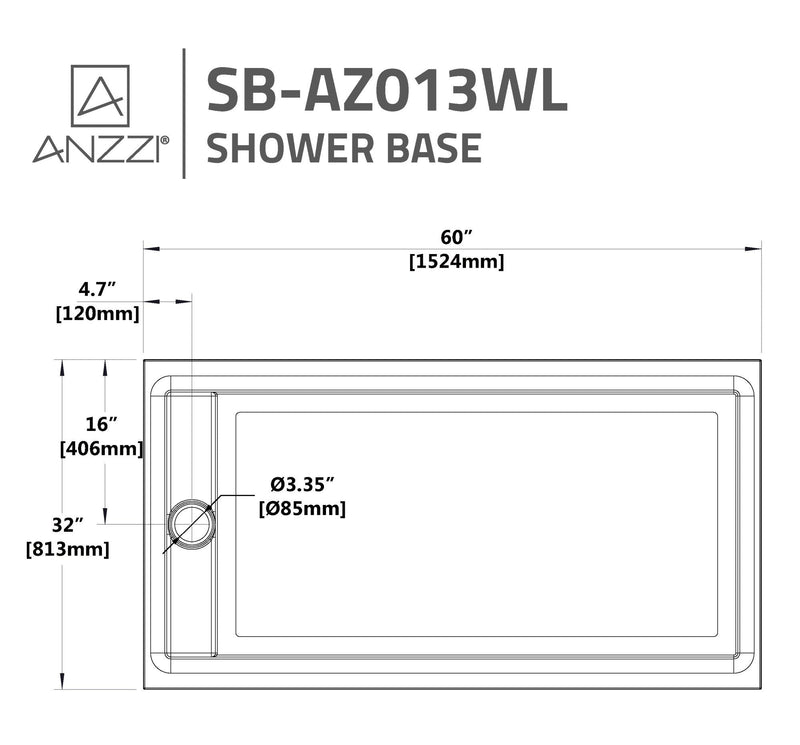 ANZZI SB-AZ013WL Shower Base dimension drawing with measurements