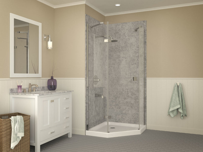ANZZI SB-AZ01NO Corner Shower Base installed neo-angle enclosure in a bathroom