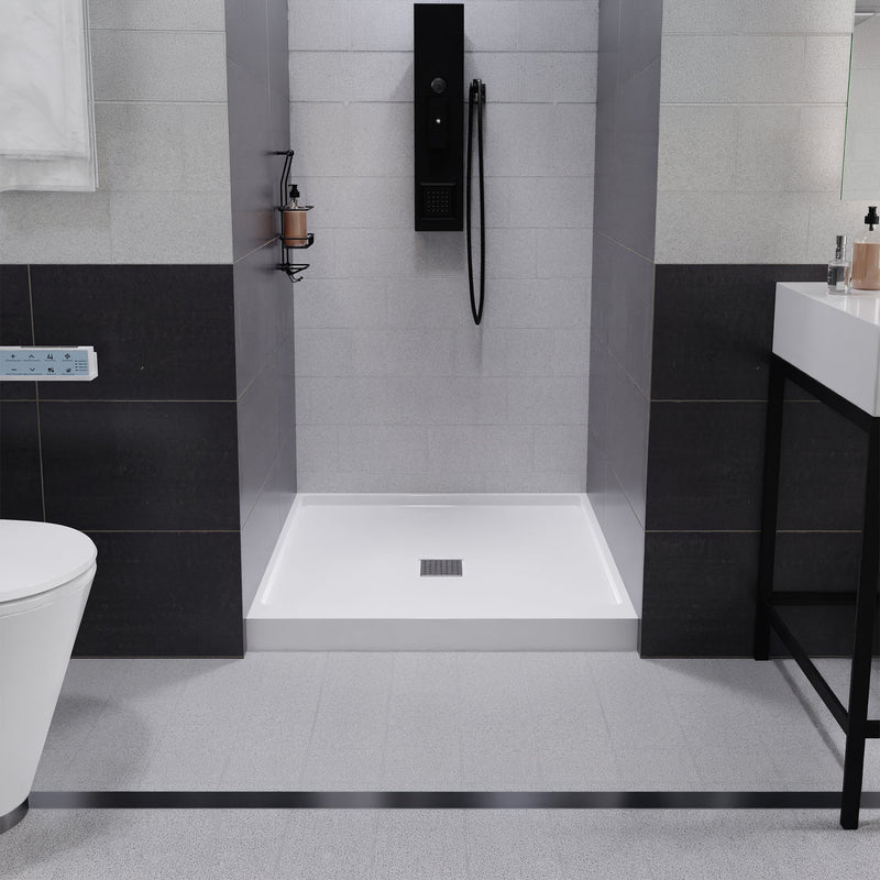 ANZZI SB-AZ102C Shower Base installed in a bathroom, front room view