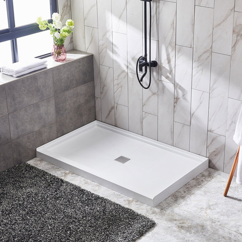 ANZZI SB-AZ106C Shower Base installed in a bathroom, angled room view