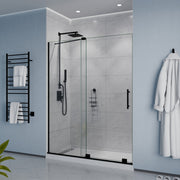 ANZZI SD-AZ055-01MB Semi-Frameless Sliding Shower Door matte black frame, room view with towel warmer