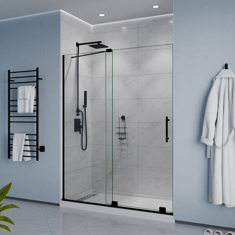 ANZZI SD-AZ055-01MB Semi-Frameless Sliding Shower Door matte black frame, room view with towel warmer
