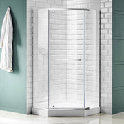 ANZZI SD-AZ056-01CH Semi-Frameless Pivot Shower Door polished chrome frame, angled view in white tile shower