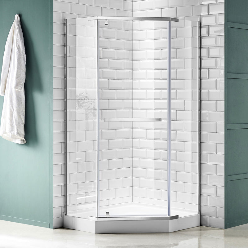 ANZZI SD-AZ056-01CH Semi-Frameless Pivot Shower Door polished chrome frame, angled view in white tile shower