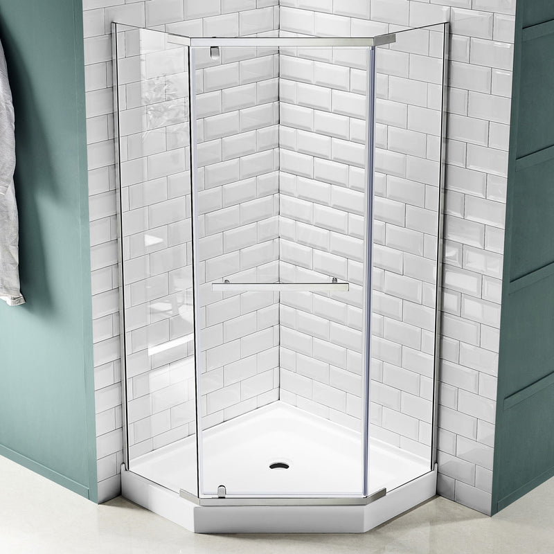 ANZZI SD-AZ056-01CH Semi-Frameless Pivot Shower Door polished chrome frame, corner view in white tile shower
