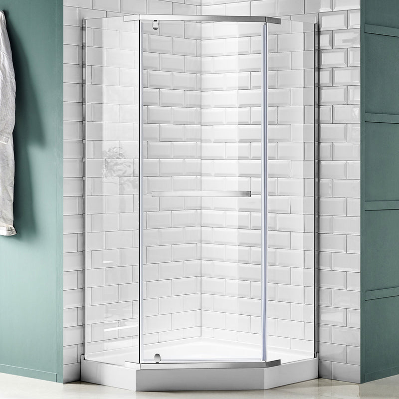 ANZZI SD-AZ056-01CH Semi-Frameless Pivot Shower Door polished chrome frame, front view in white tile shower