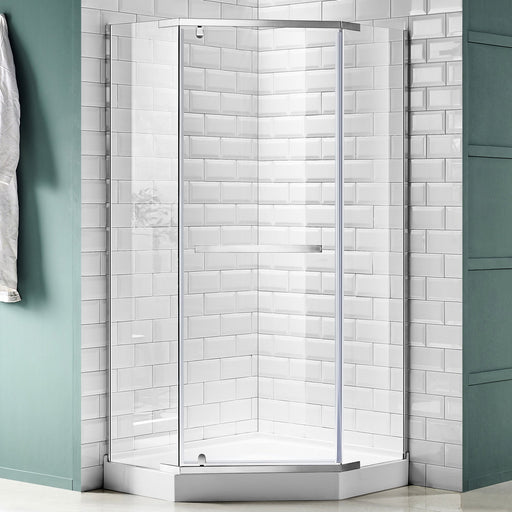 ANZZI SD-AZ056-01CH Semi-Frameless Pivot Shower Door polished chrome frame, front view in white tile shower