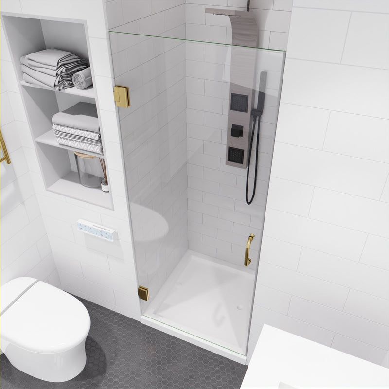 ANZZI SD-AZ09-02BG Frameless Hinged Shower Door installed in a bathroom, angled view