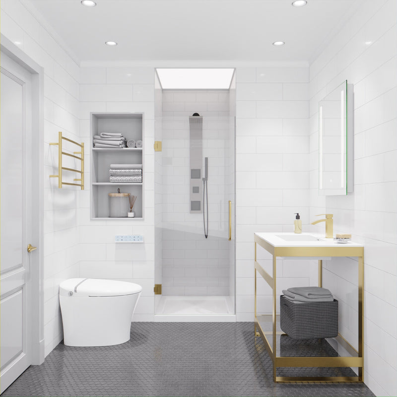 ANZZI SD-AZ09-02BG Frameless Hinged Shower Door installed in a bathroom, room view with vanity