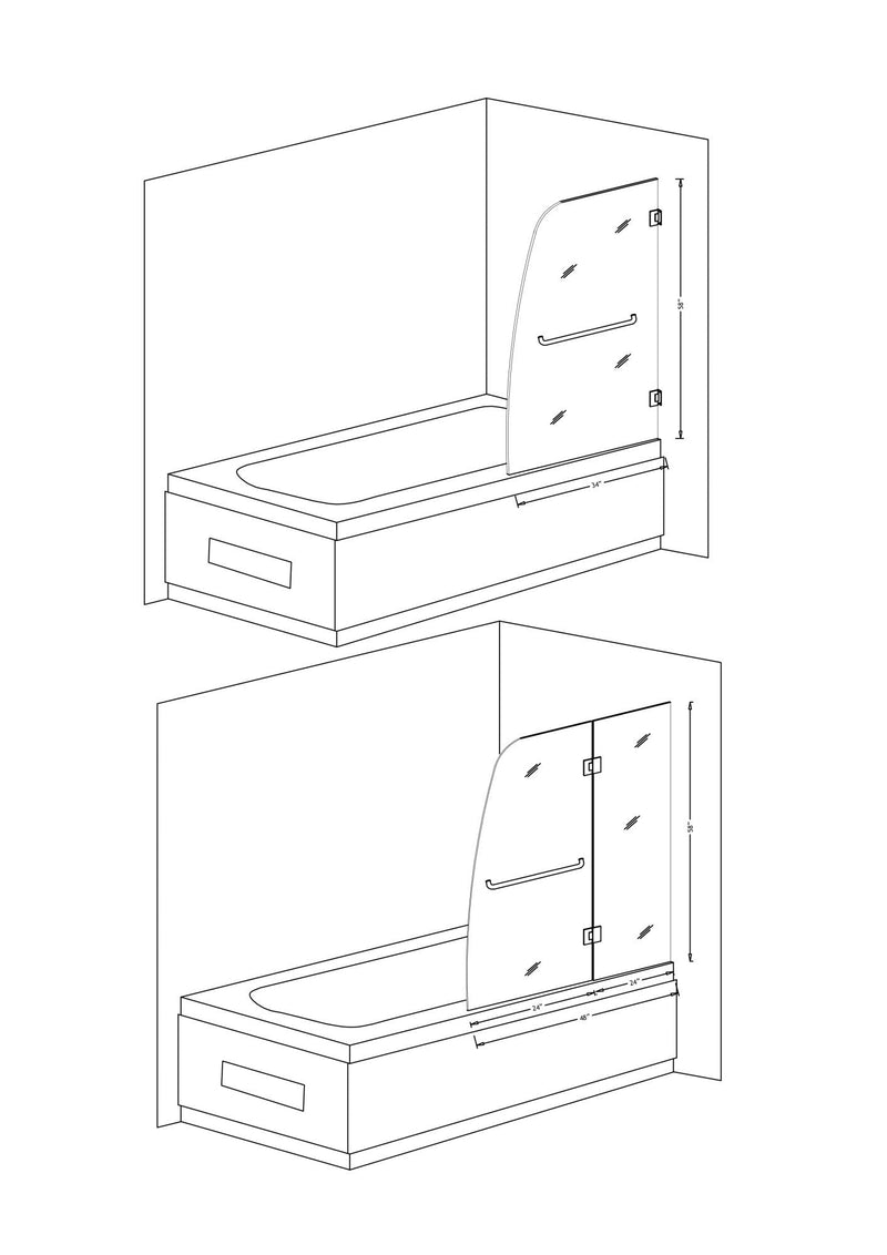 ANZZI SD-AZ11-01MB Herald 48" x 58" Frameless Hinged Tub Door with Clear Tempered Glass a, dimension drawing