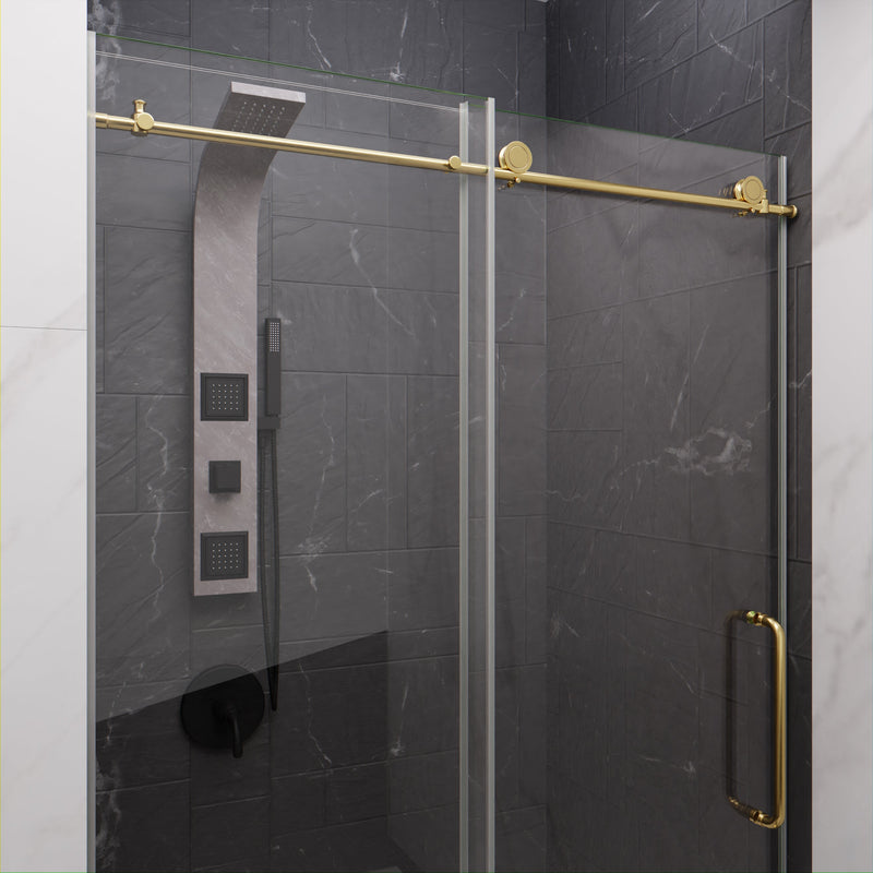ANZZI SD-AZ13-01BG Frameless Sliding Shower Door installed in a bathroom, angled view
