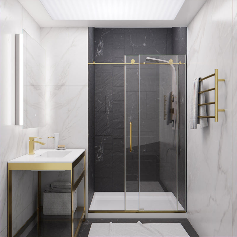 ANZZI SD-AZ13-01BG Frameless Sliding Shower Door installed in a bathroom, front room view
