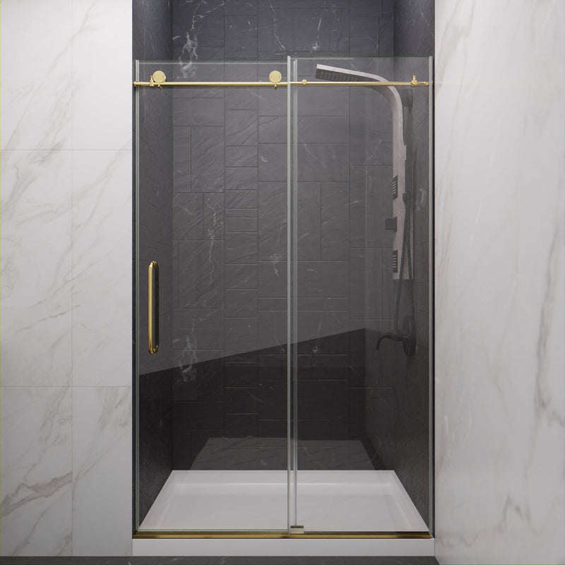 ANZZI SD-AZ13-01BG Frameless Sliding Shower Door installed in a bathroom, front view