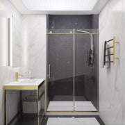 ANZZI SD-AZ13-01BG Frameless Sliding Shower Door installed in a bathroom, room view with vanity