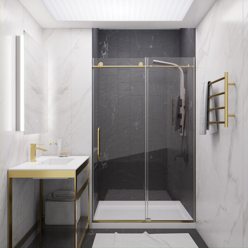 ANZZI SD-AZ13-01BG Frameless Sliding Shower Door installed in a bathroom, room view with vanity