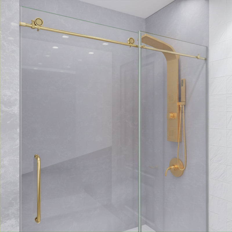 ANZZI SD-AZ13-02BG Frameless Sliding Shower Door installed in a bathroom, angled close view
