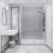 ANZZI SD-AZ13-02BG Frameless Sliding Shower Door installed in a bathroom, room view with vanity