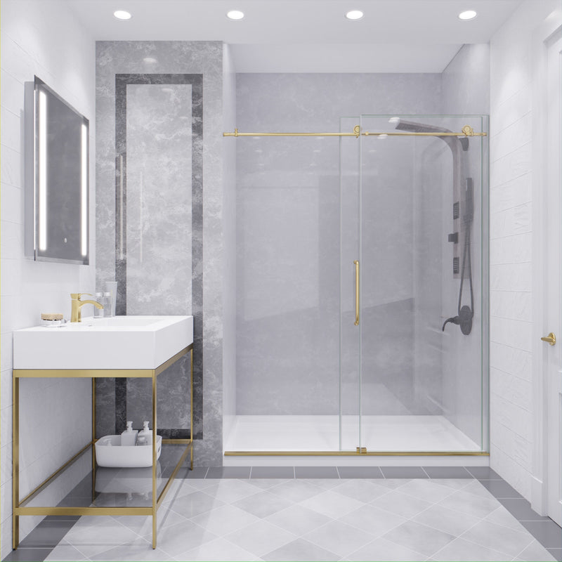 ANZZI SD-AZ13-02BG Frameless Sliding Shower Door installed in a bathroom, wide room view