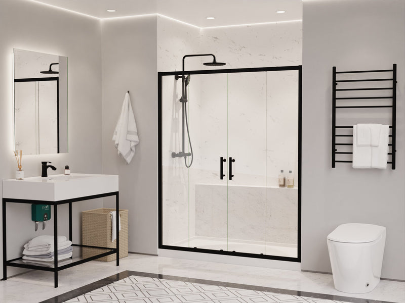 ANZZI SD-AZ15-01MB Frameless Shower Door matte black, room view with vanity