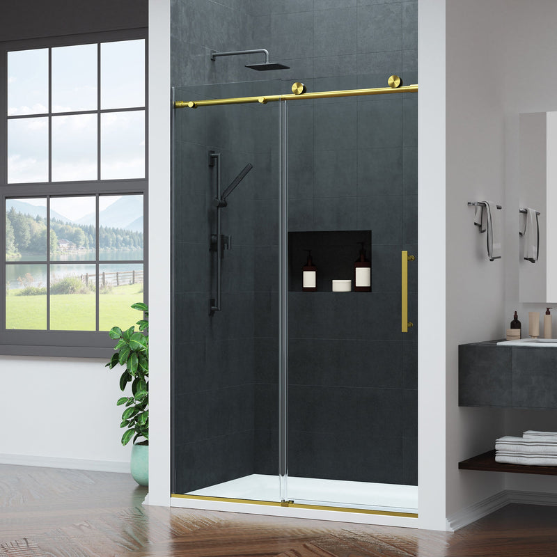 ANZZI SD-AZ20-01BG Frameless Sliding Shower Door brushed gold, angled room view