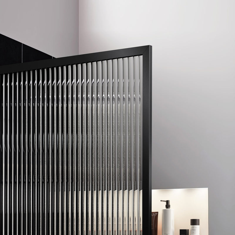 ANZZI SD-AZ22-01MB-FL Framed Shower Screen matte black, fluted glass, close view of fluted glass