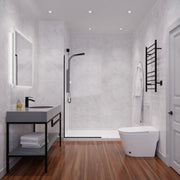ANZZI SD-AZFL06001MB Fixed Shower Screen matte black frame, clear glass, room view with towel warmer