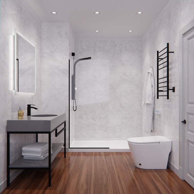 ANZZI SD-AZFL06001MB Fixed Shower Screen matte black frame, clear glass, room view with towel warmer
