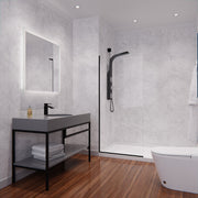 ANZZI SD-AZFL06001MB Fixed Shower Screen matte black frame, clear glass, room view with vanity