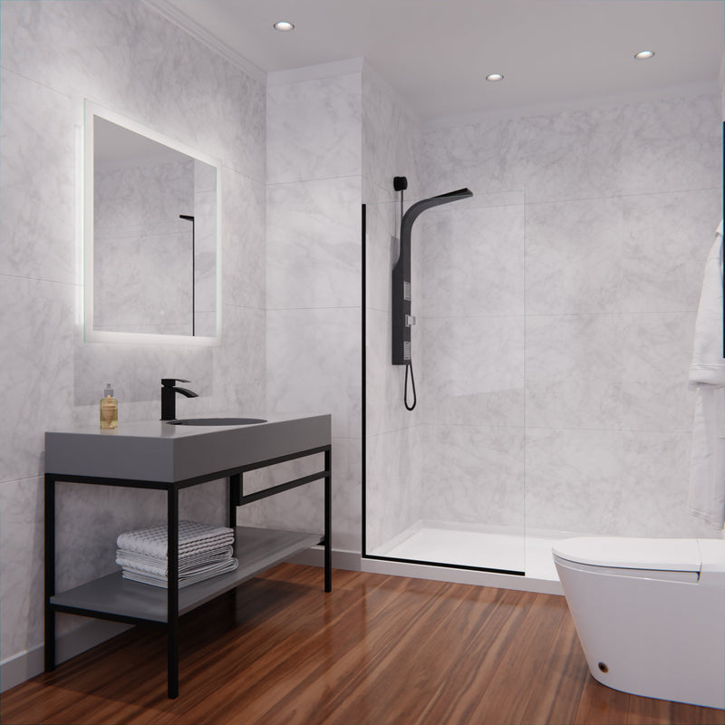 ANZZI SD-AZFL06001MB Fixed Shower Screen matte black frame, clear glass, room view with vanity