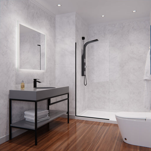 ANZZI SD-AZFL06001MB Fixed Shower Screen matte black frame, clear glass, room view with vanity