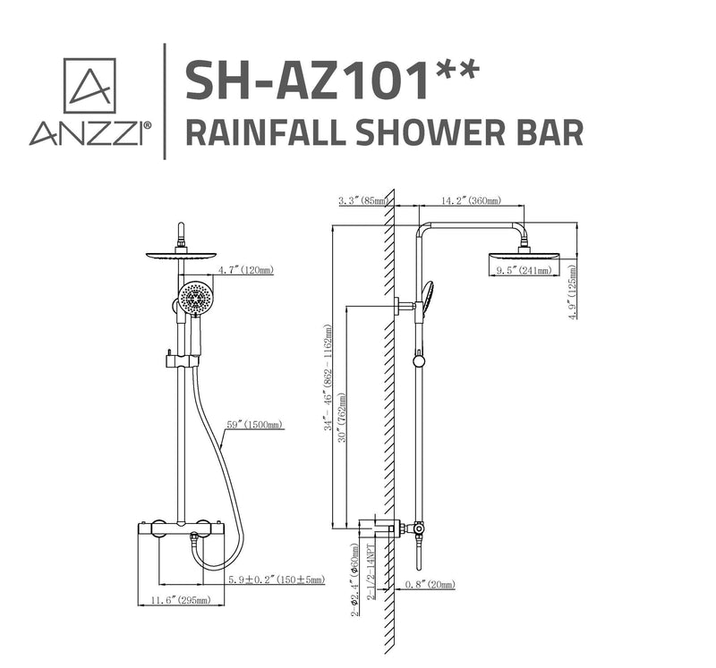 ANZZI SH-AZ101MB Heavy Rainfall shower head, dimension drawing
