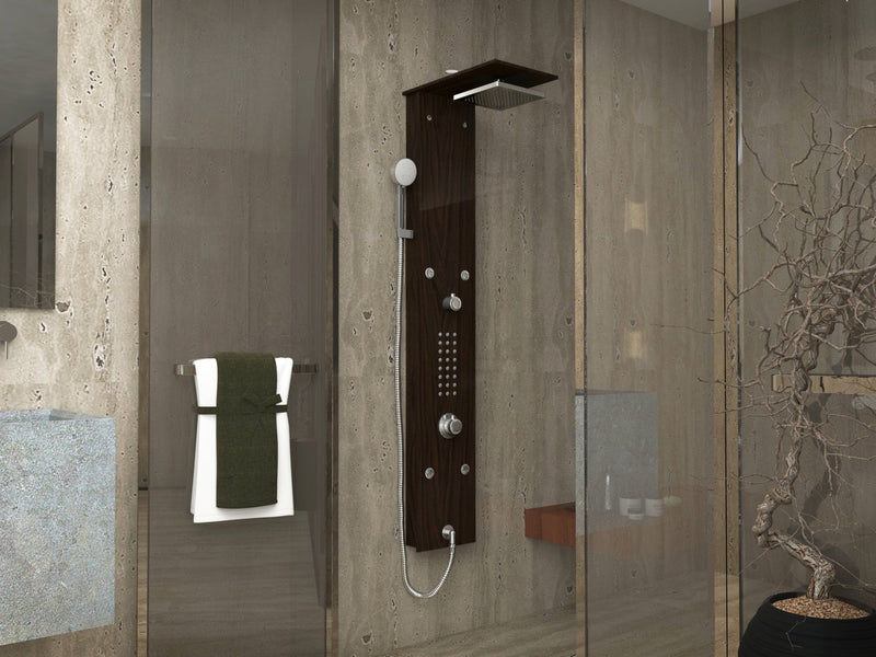 ANZZI SP-AZ016 Rite shower panel system in mahogany style deco-glass, installed room view 1