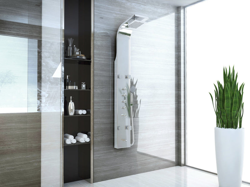 ANZZI SP-AZ022 Echo shower panel system in brushed steel, installed room view 1