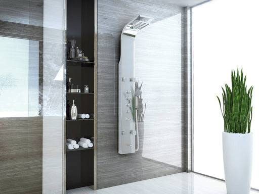 ANZZI SP-AZ022 Echo shower panel system in brushed steel, installed room view 1