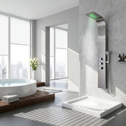 ANZZI SP-AZ024 Arc shower panel system in brushed stainless steel, installed room view 1