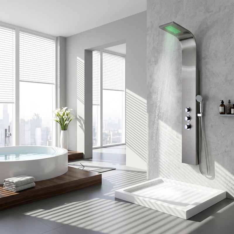 ANZZI SP-AZ024 Arc shower panel system in brushed stainless steel, installed room view 1