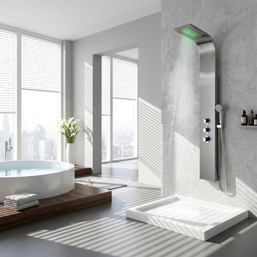 ANZZI SP-AZ024 Arc shower panel system in brushed stainless steel, installed room view 1