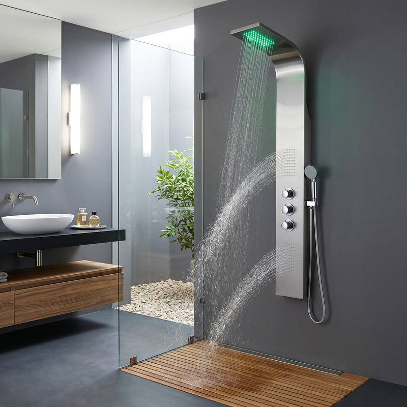 ANZZI SP-AZ024 Arc shower panel system in brushed stainless steel, installed room view 2