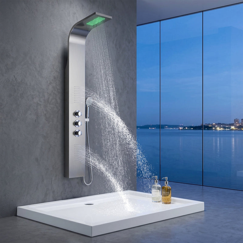 ANZZI SP-AZ024 Arc shower panel system in brushed stainless steel, installed room view 3