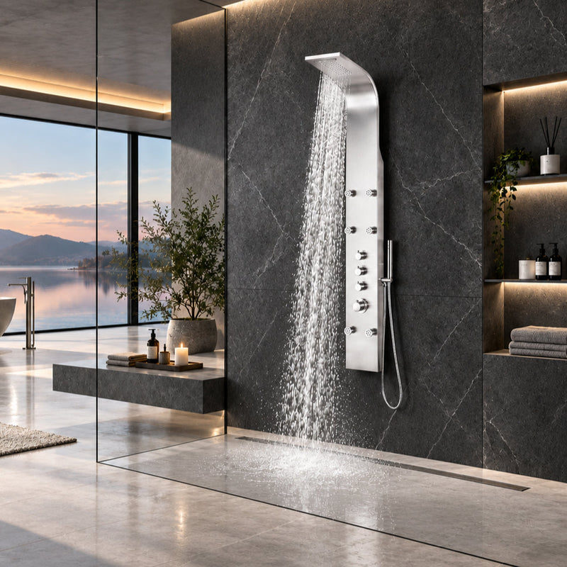 ANZZI SP-AZ026 Fontan shower panel system in brushed steel, installed room view 1