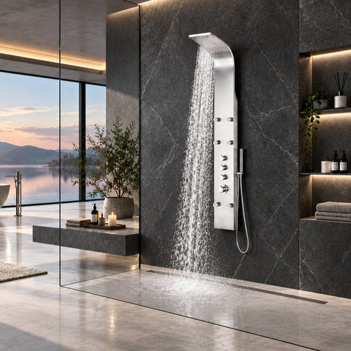 ANZZI SP-AZ026 Fontan shower panel system in brushed steel, installed room view 1