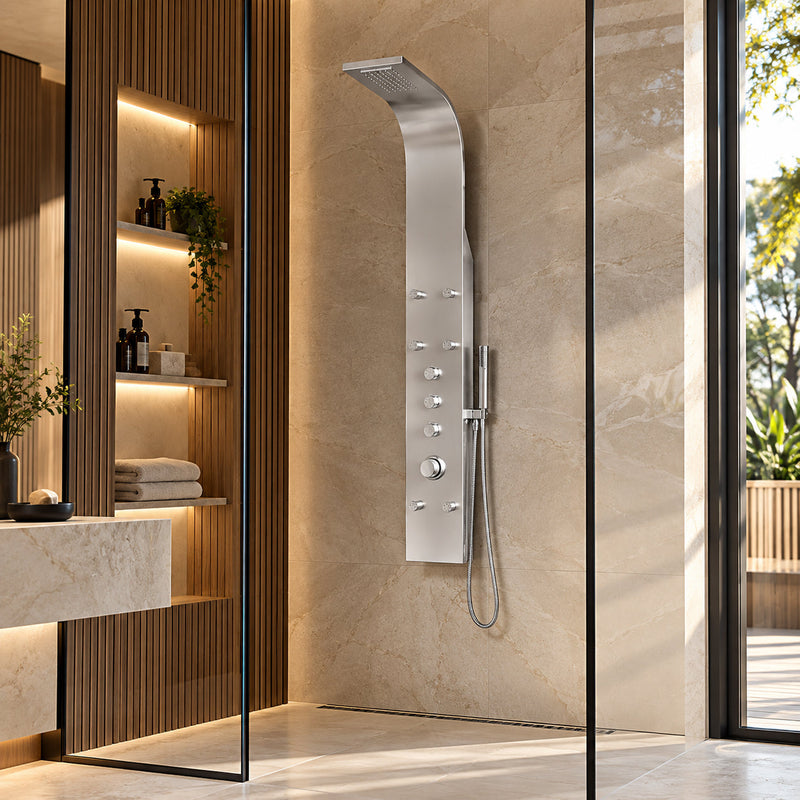 ANZZI SP-AZ026 Fontan shower panel system in brushed steel, installed room view 2