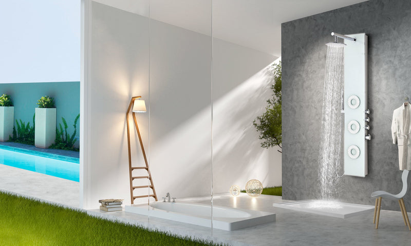 ANZZI SP-AZ031 Lynn shower panel system in white, installed room view 1
