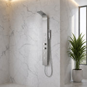 ANZZI SP-AZ035 VISOR shower panel system in brushed steel, installed room view 1