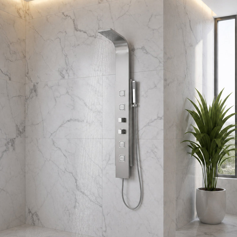 ANZZI SP-AZ035 VISOR shower panel system in brushed steel, installed room view 1